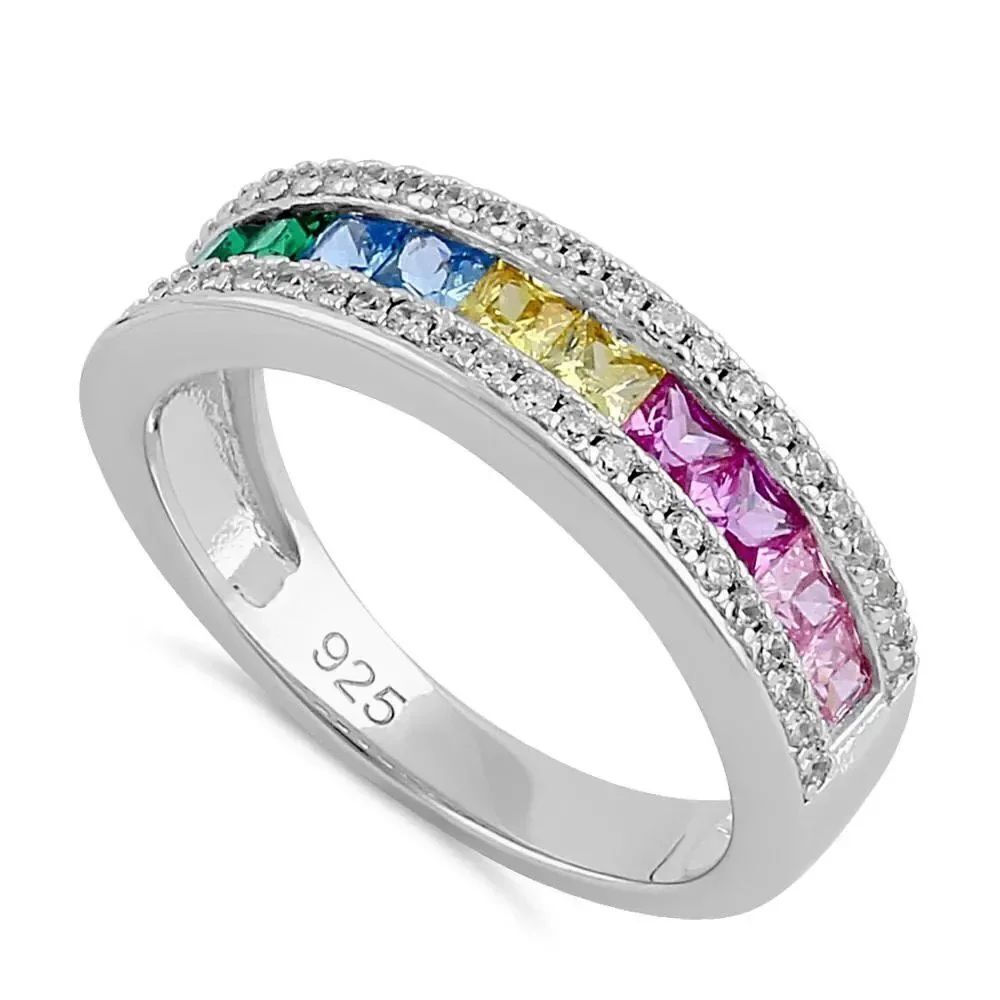 Sterling Silver Multicolor Rainbow CZ Band New